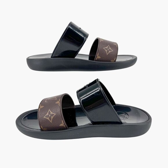 Louis Vuitton Sunbath Mule Slide Sandals Black Rubber Size 38 US 8 Women LV Logo - Picture 11 of 15